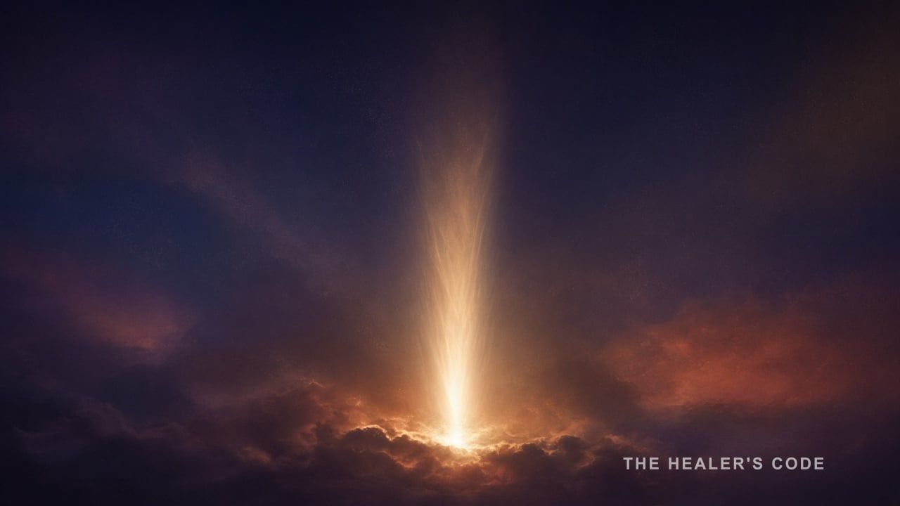 A column of warm gold light rising through dark indigo twilight haze