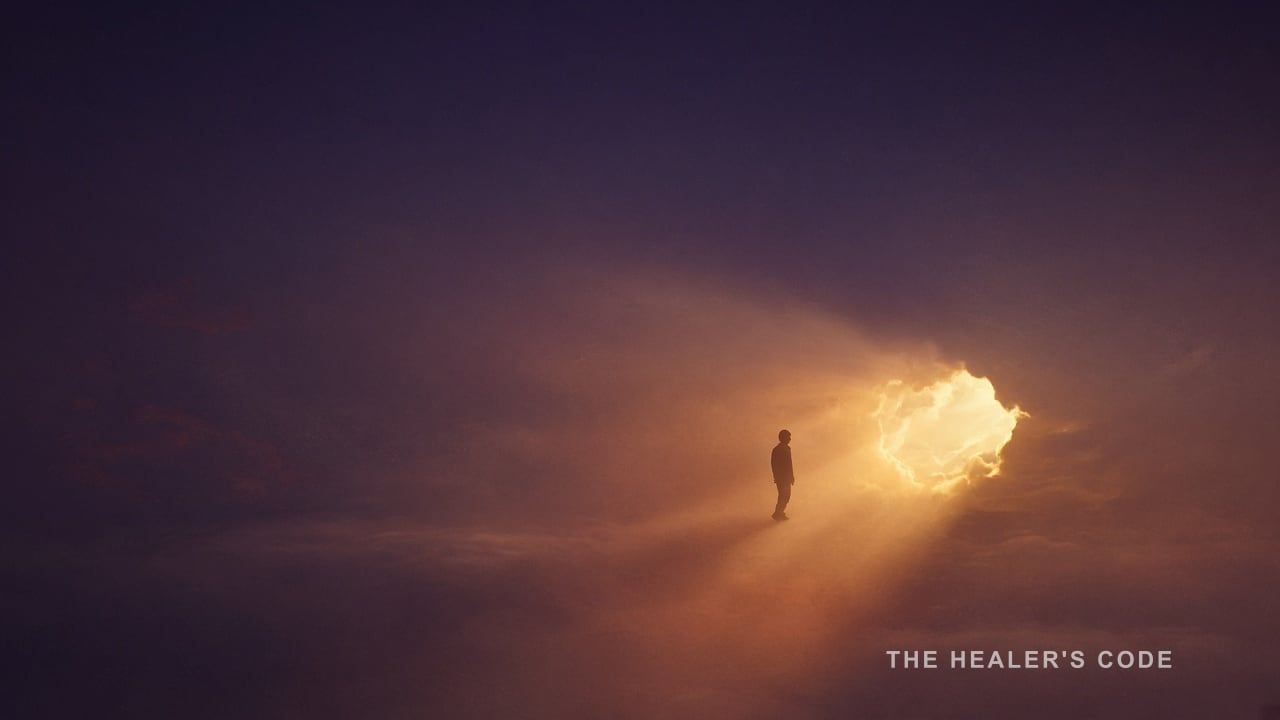 A dark human silhouette walking toward a gold opening in deep indigo space