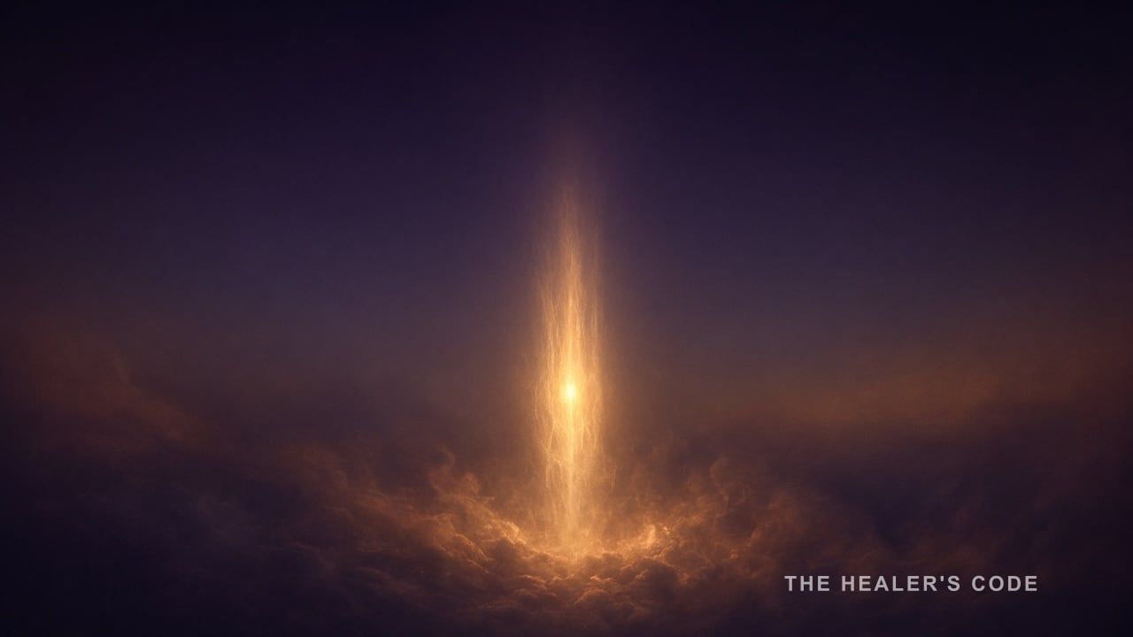 A vertical column of gold light rising through a deep indigo night