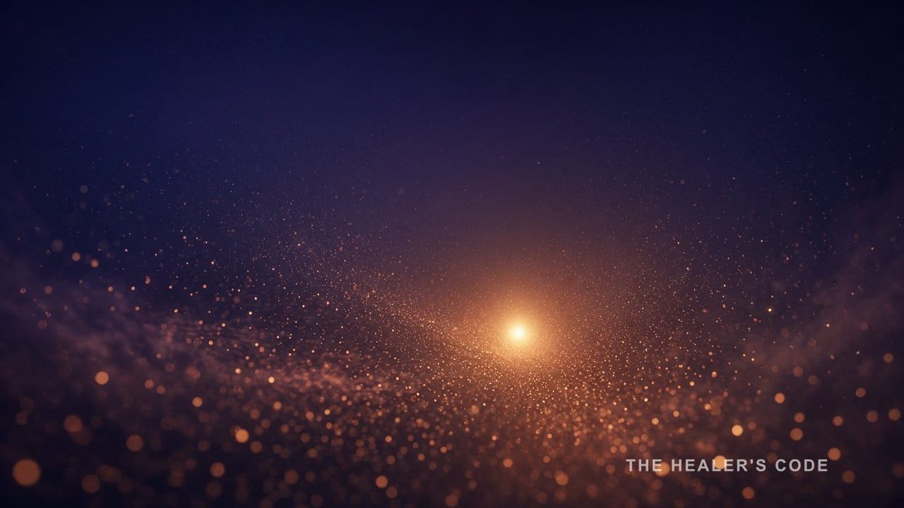 Tiny gold particles drawing together into a dense glow against indigo darkness