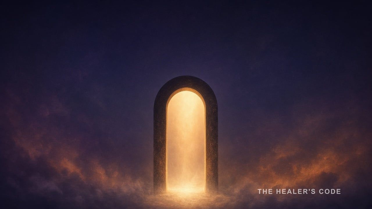 A gold doorway of light in dark indigo twilight, open as a crossing