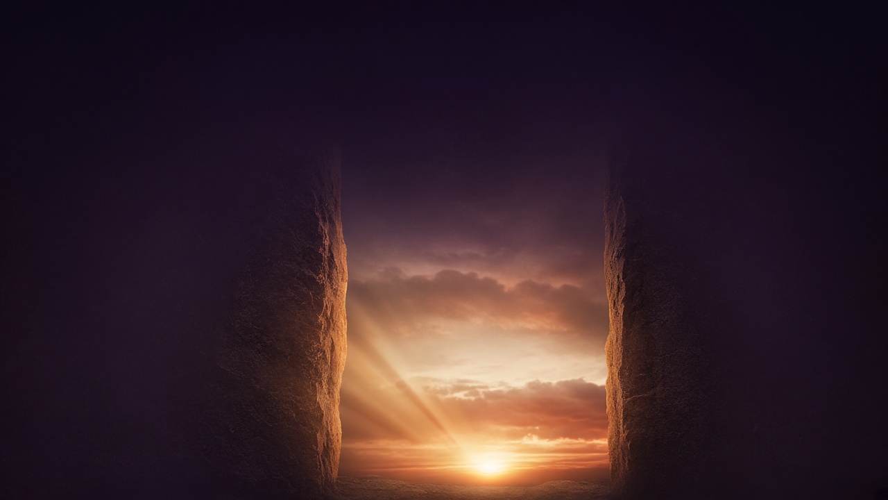 A gold doorway of light opening in deep indigo twilight, upper sky clear