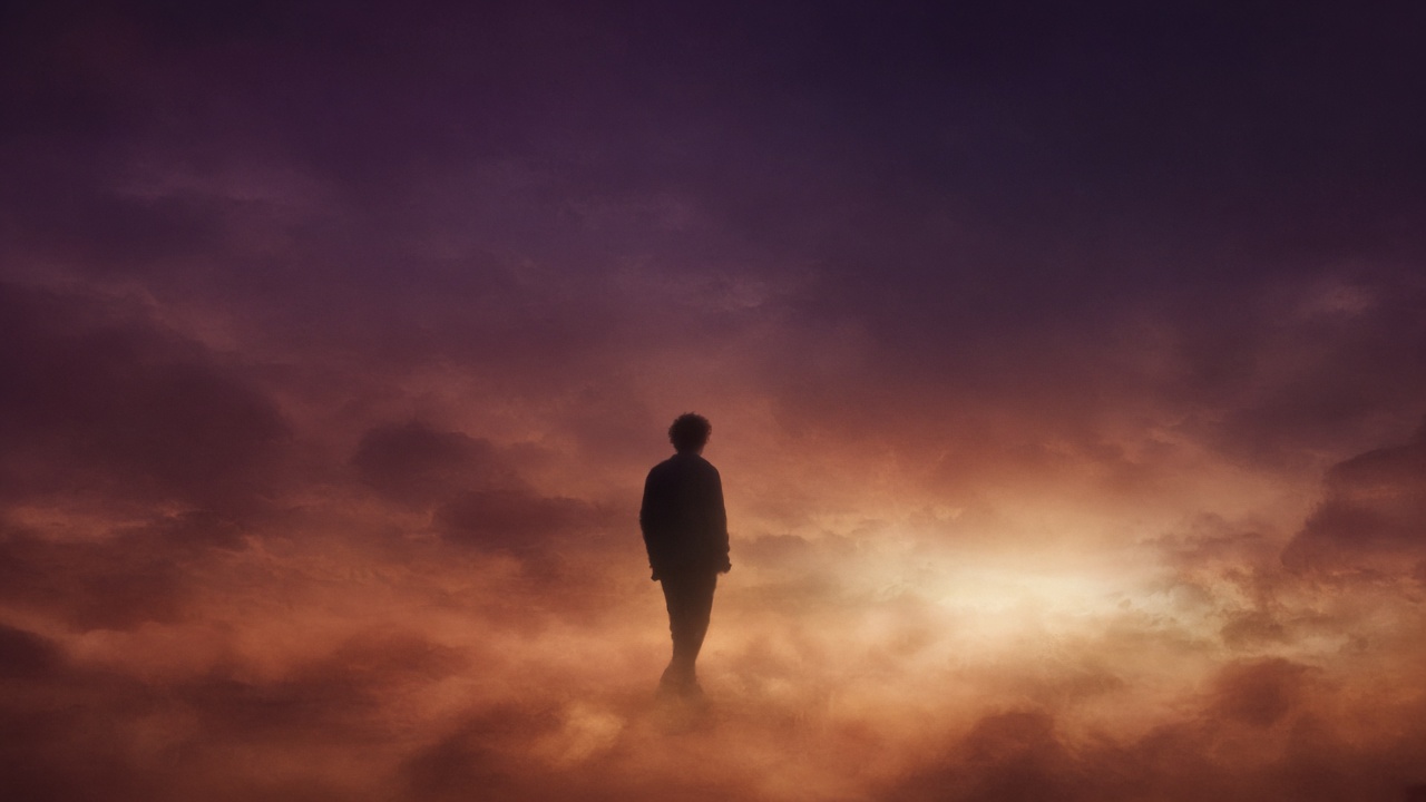 Wide cover image,. A silhouetted human figure. Stepping through. Open space, haze receding, no floor, no walls, sky at