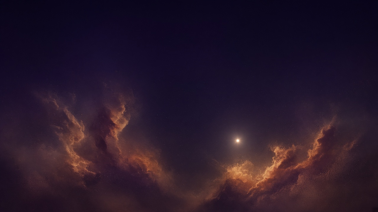 Wide cover image,. A star field. Breaking. Open space, haze receding, no floor, no walls, sky at twilight. Warm gold against