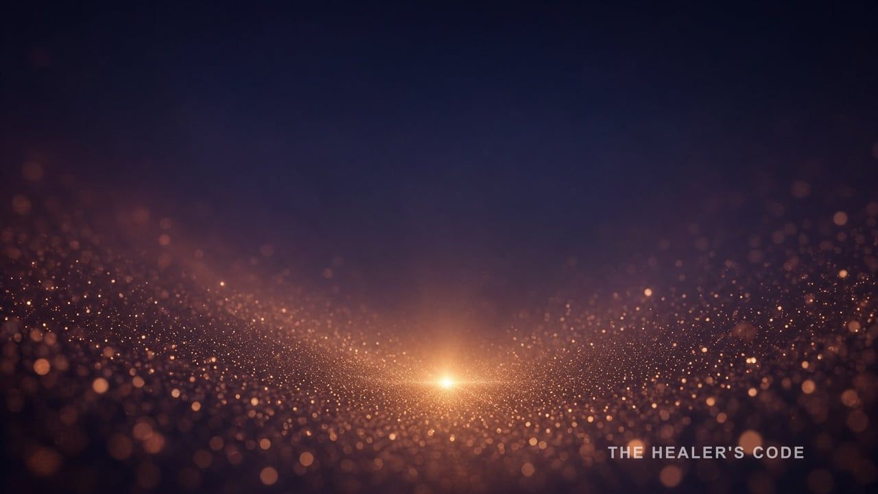 Gold particles drawing together in open indigo space, an inner and outer match.
