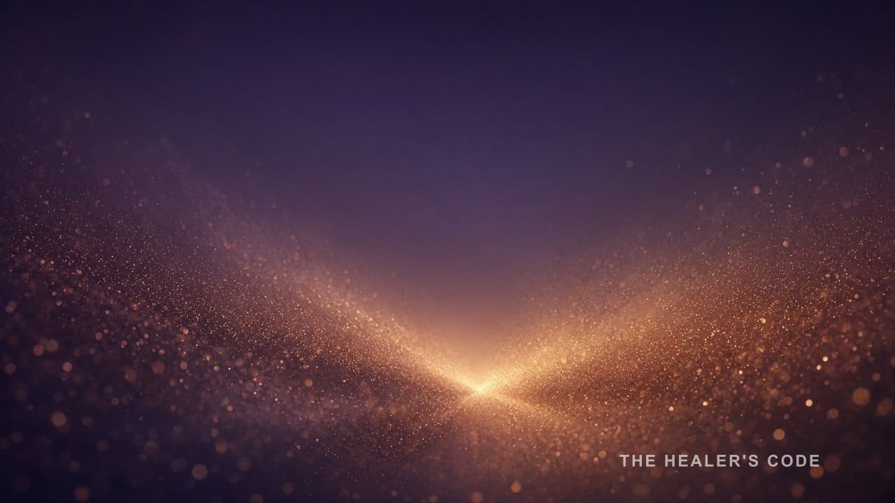 Gold particles of light converging in open twilight, knowing and what is known meeting