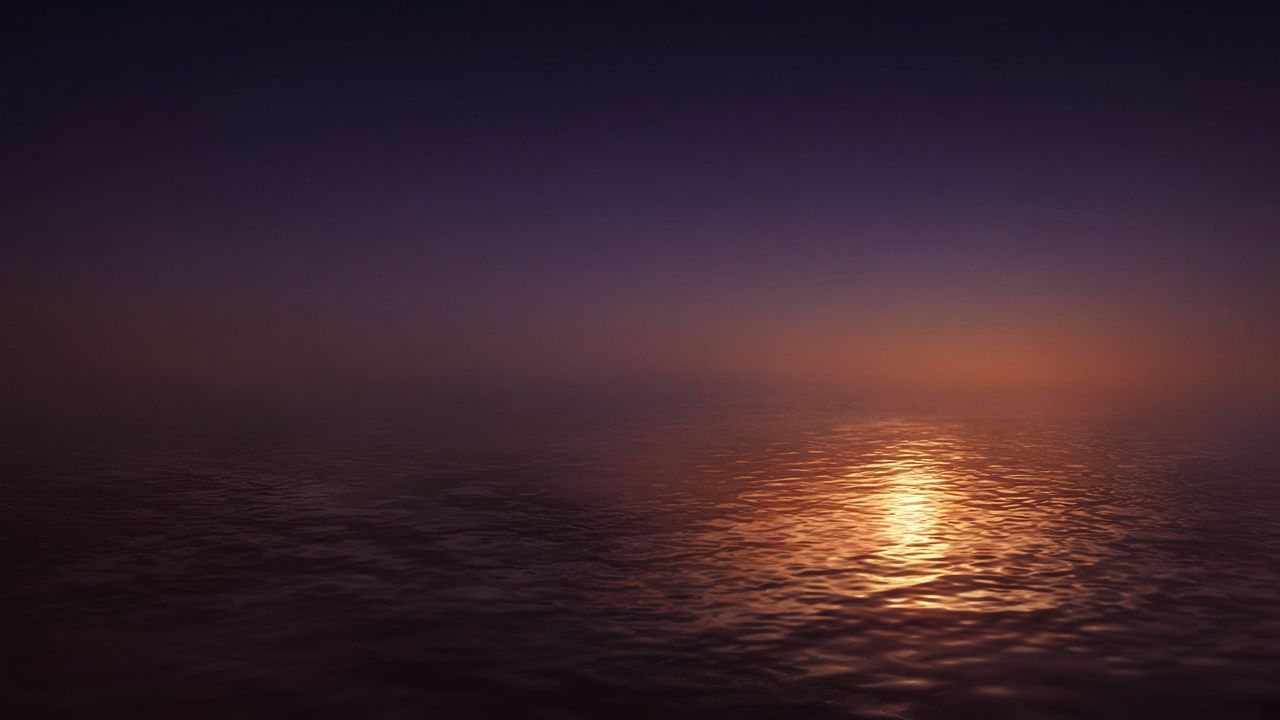 Gold light dissolving across a dark water surface in indigo twilight