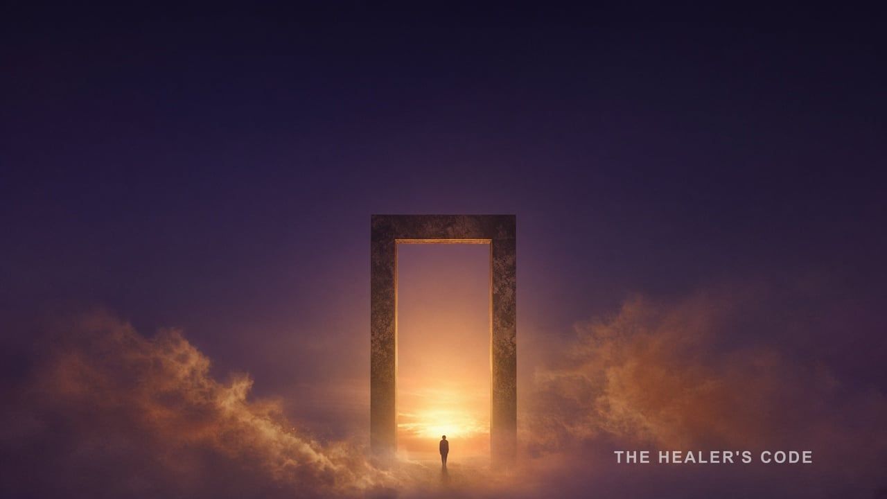 A doorway of gold light opening in a dark indigo twilight field
