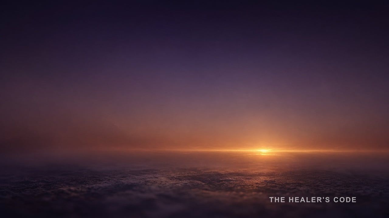 Gold light converging along a far horizon in deep indigo space