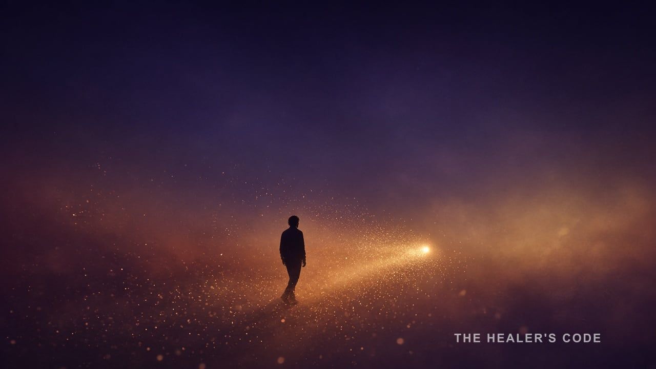 Silhouette of a person stepping through a gap of gold light