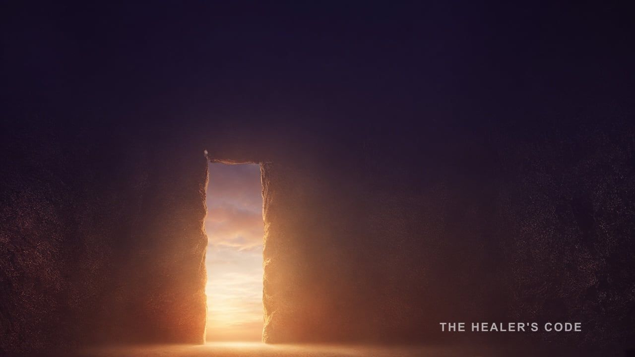 A gold doorway of light opening in deep indigo twilight, held low in the frame