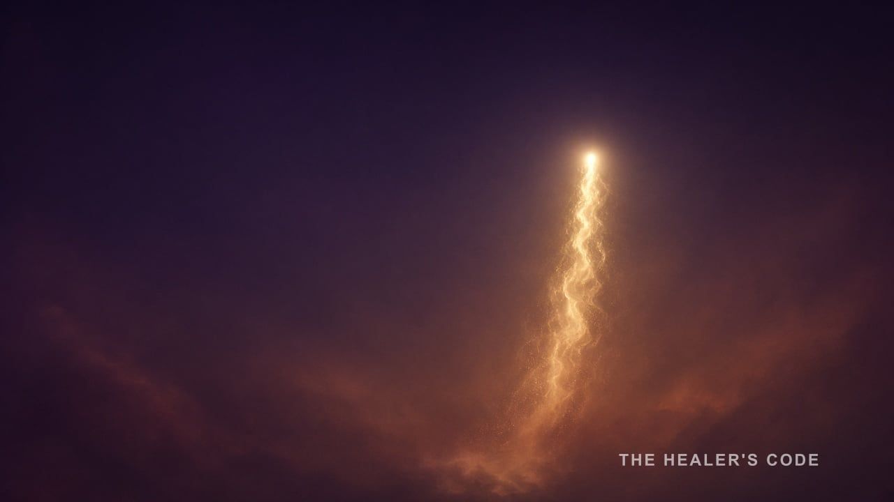 A rising column of gold light in dark indigo space, with open space above