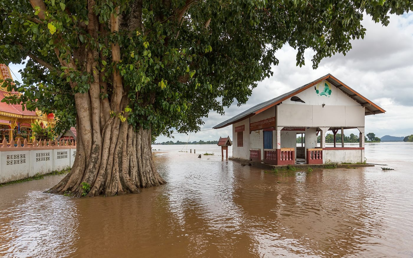 A house standing in Mekong floodwater, Laos