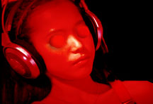 Ganzfeld experiment participant, halved ping-pong balls, red light, and white noise