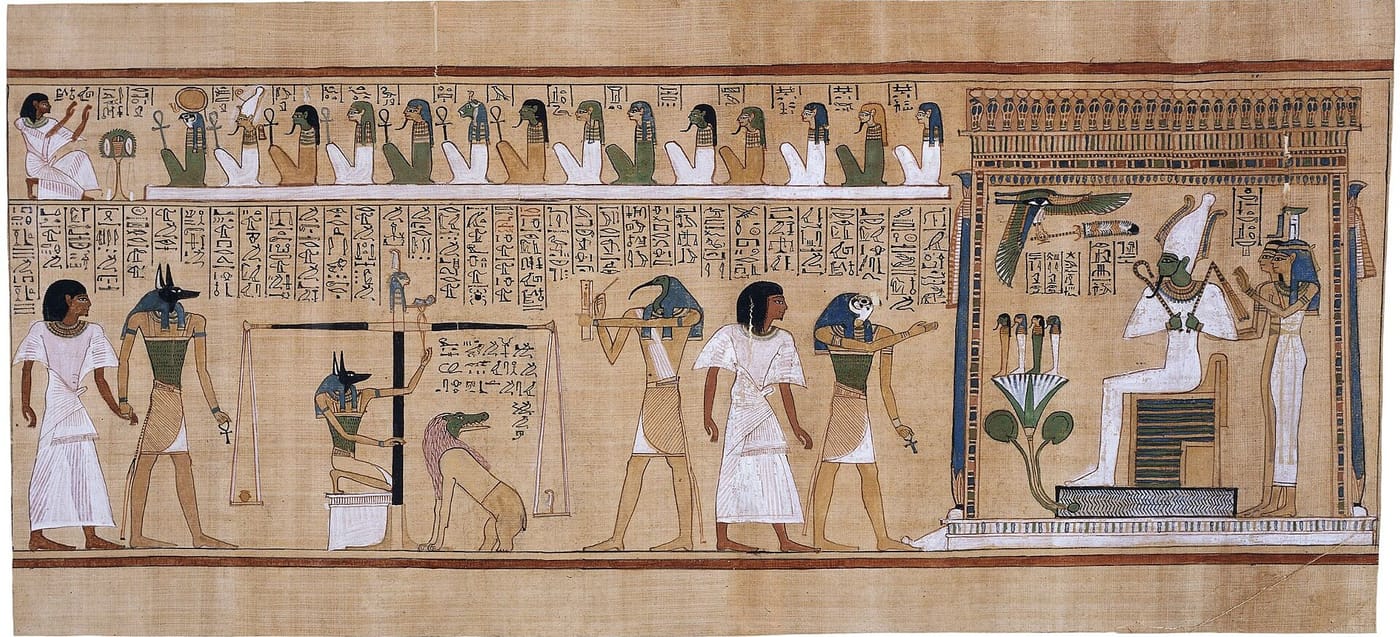Papyrus of Hunefer (weighing of the heart scene), Ancient Egyptian texts describe the soul facing a weighing of the heart