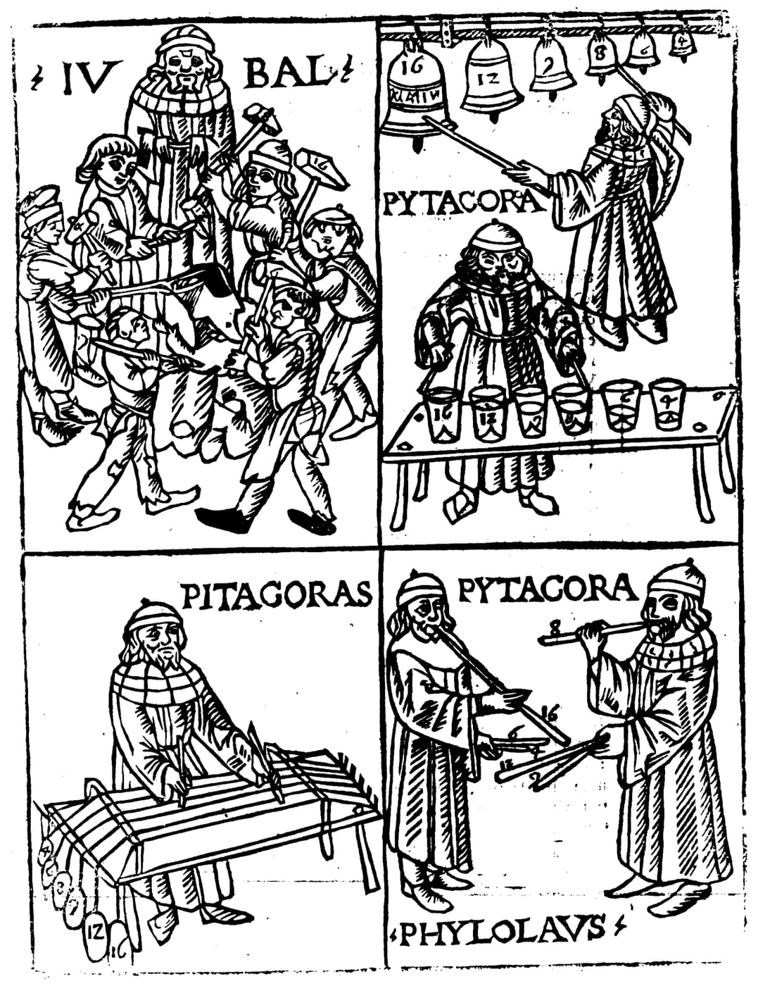 Pythagoras with monochord and musical instruments, harmony in music