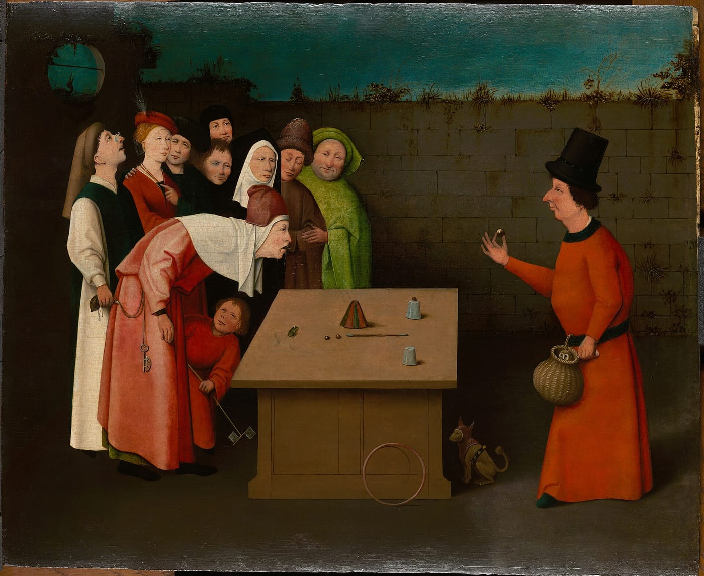 Bosch, The Conjurer: a crowd watches the trick while a purse is lifted